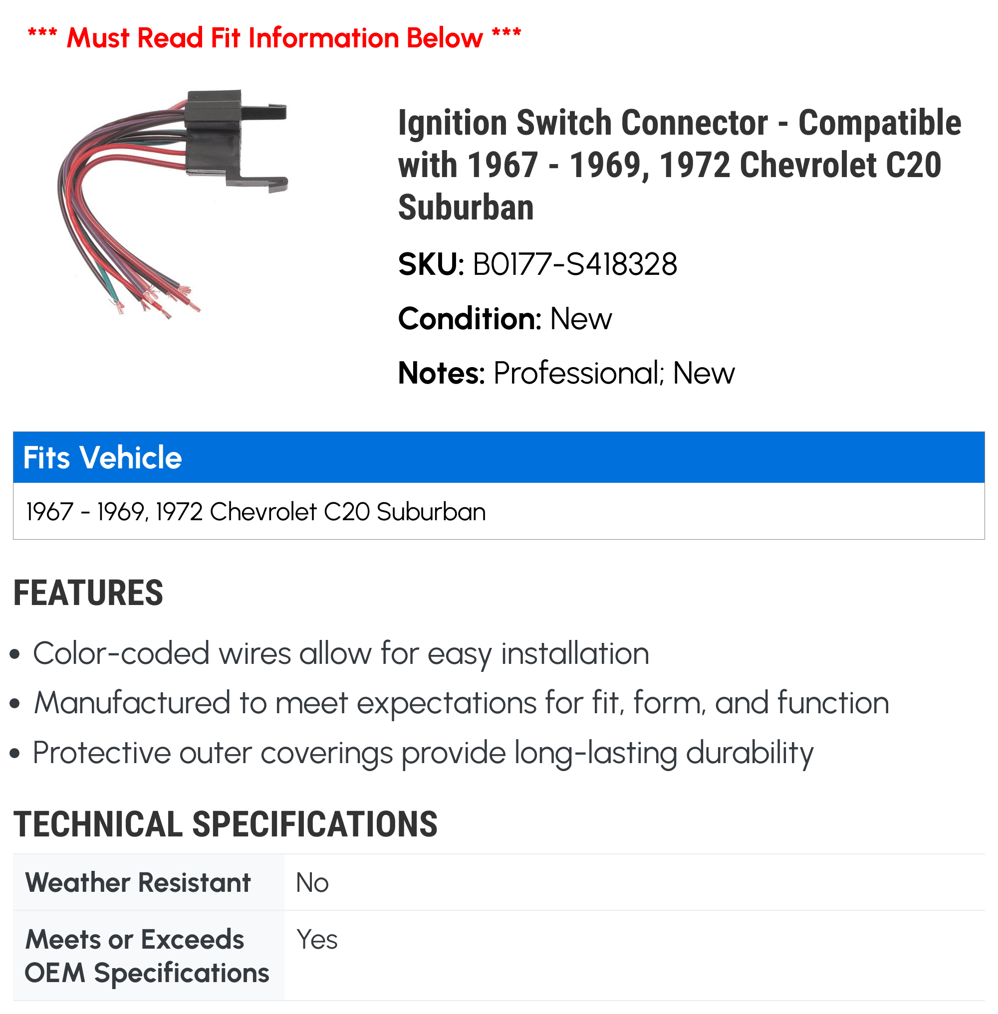 Ignition Switch Connector - Compatible with 1967 - 1969, 1972 Chevy C20 Suburban 1968