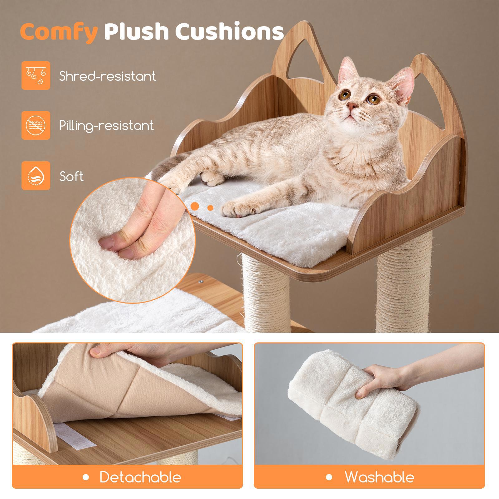 Barara King 48 Inch Wooden Cat Tower, Cat Tree with 2-Floor Condo and Washable Cushions, Modern Cat Tower Tree for Indoor Cats, Natural