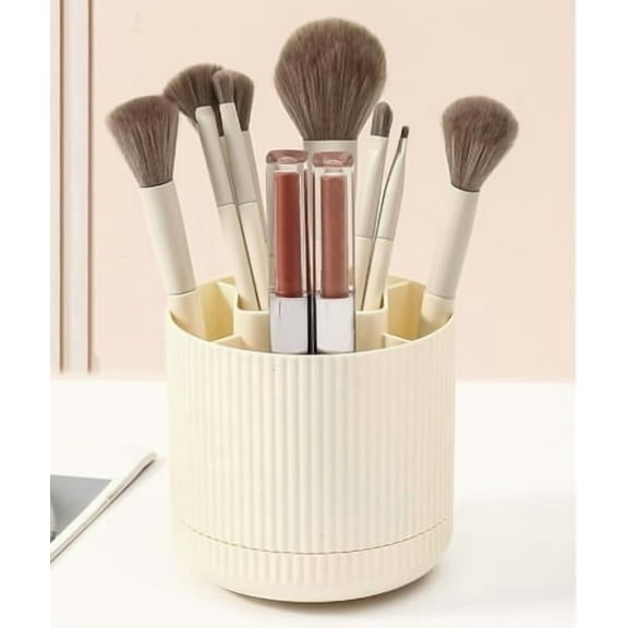 Wanfoou 1 Pcs Versatile 360° Rotating Makeup Brush Holder Organizer, Ideal for Vanities, Bathrooms & Desktops, with 5-Compartment Brush Cup-Beige