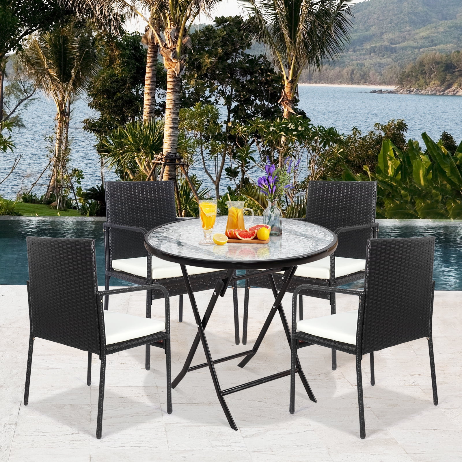 Patiojoy 4 PCS Patio Wicker Rattan Dining Chairs Outdoor Arm Cushioned Seats Armrest Garden