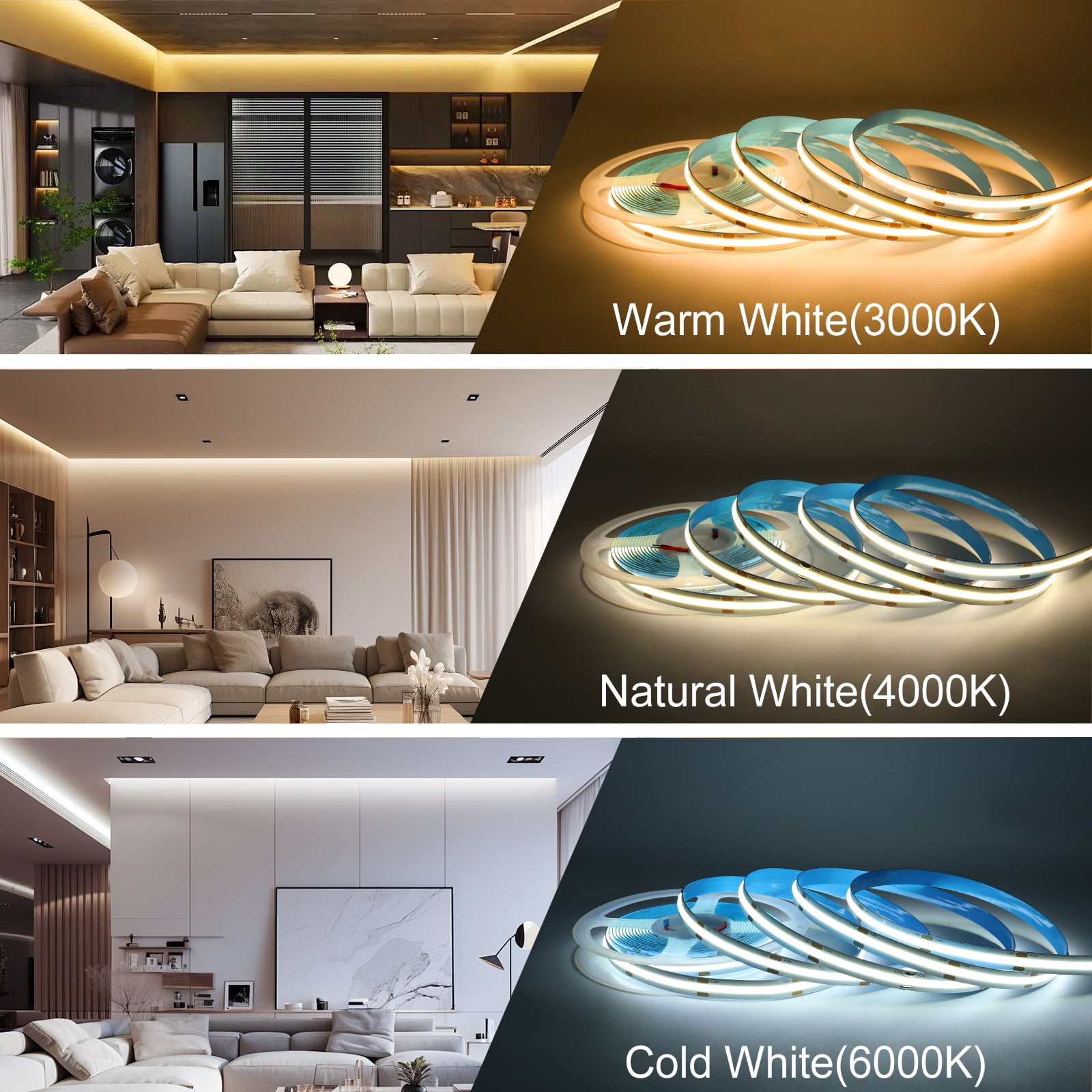 COB LED Strip Light 16.4ft 12V, 3000K Warm White, 528 LEDs/m, High Brightness, 10mm Flexible LED Tape for Indoor DIY Lighting(No Adapter&Controller)