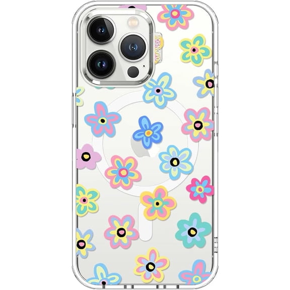 Case for iPhone 13 Pro, [Compatible with Magsafe] [Buffertech 6.6ft Military-Grade Drop Protection] [Anti Peel Off Tech] Clear Phone Case Design - Groovy Flower