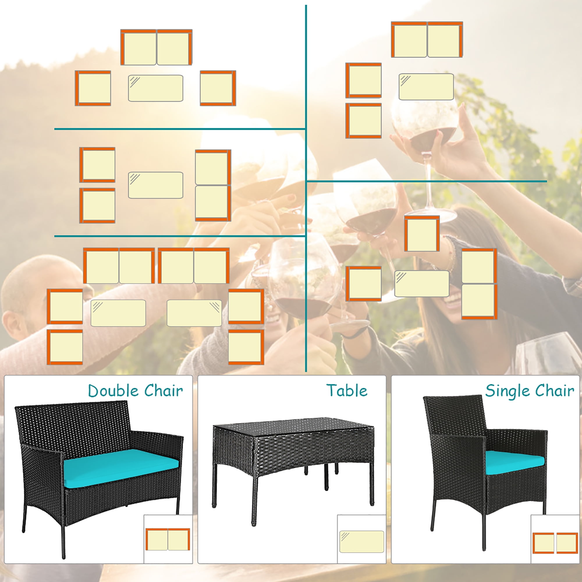Costway 4PCS Patio Rattan Furniture Set Cushioned Sofa Coffee Table Backyard Turquoise