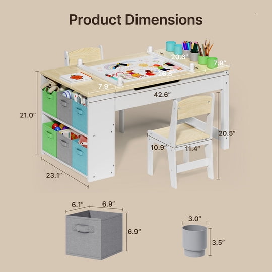 Aiho 3 in 1 Kid Table & Chair Set, Child Activity Table, Kids Table Set Painting with Cabinet for Daycare, Classroom, Home - Natural