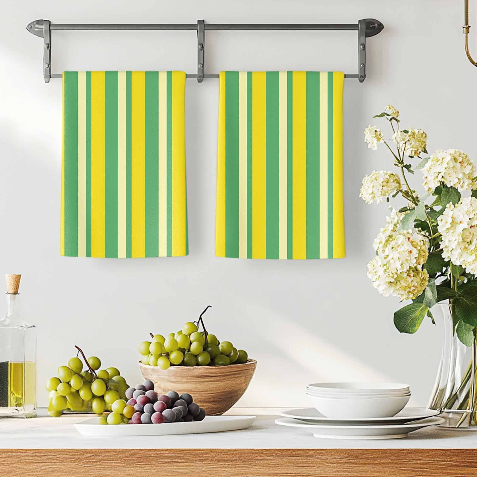 Dish Towels, Lemon Yellow Green Stripes Absorbent Kitchen Towels 2 PCS, Vertical Striped Microfiber Hand Towels Dish Cloths Tea Towels for Home&nbsp;Bathroom Cleaning Drying,18X28-Inch,