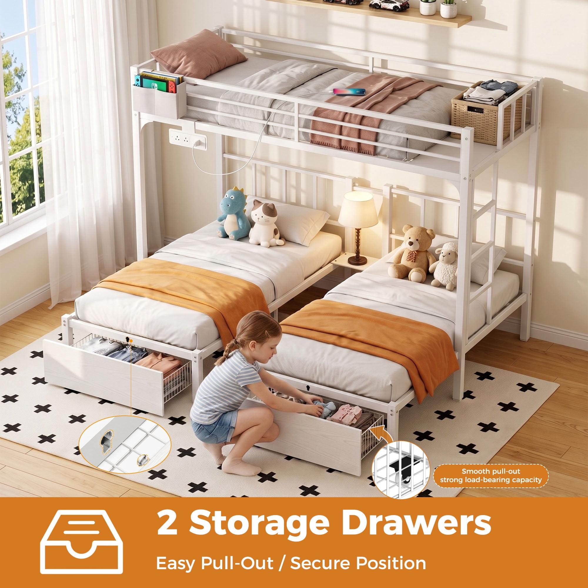 Miniyam Triple Bunk Bed with 2 Storage Drawers, Twin Over Twin Over Twin XL, LED Light and Power Strip, White