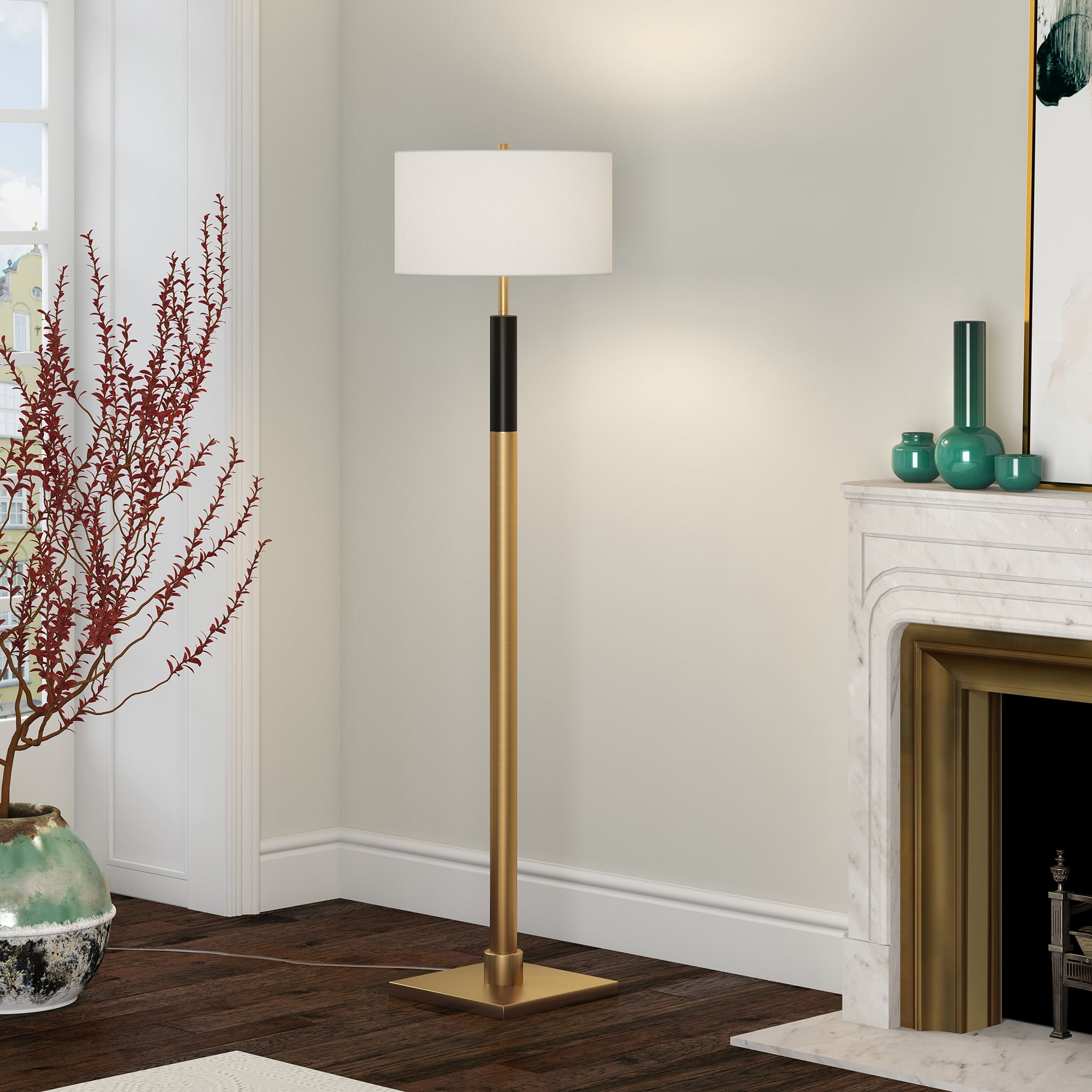 Evelyn&Zoe Teagan Two-Tone Floor Lamp with Fabric Shade, Brass/Black/White