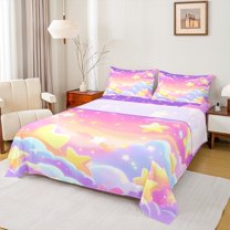 Manfei Cartoon Stars Cloud Twin Sheet Sets for Kid, Fairy Tale Galaxy Twin Fitted Sheet, Kawaii Sky Print Flat Sheet, Lightweight Room Decor, 3pcs