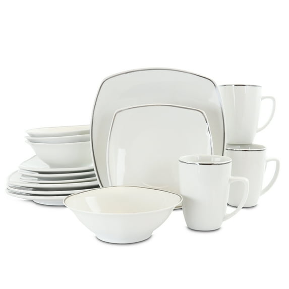 Gibson Home Zen Platinum 16 Piece Fine Ceramic Silver Band Dinnerware Set