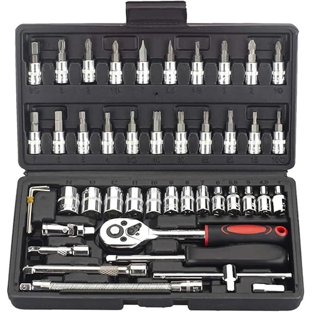 A46 Juego de llaves de vaso 1/4" 46 piezas con extensor y estuche, para auto y hogar