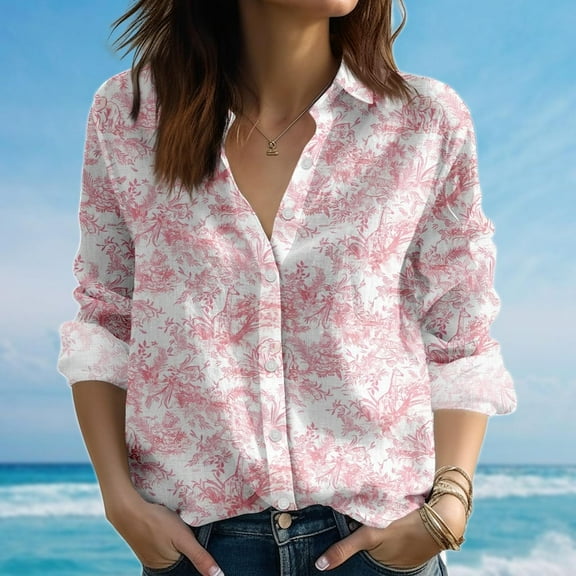 Pink Toile Blouse Shirt, French Vintage women shirt, Romantic Cottagecore Long Sleeve Shirt, retro women blouse shirt, Gift for Her