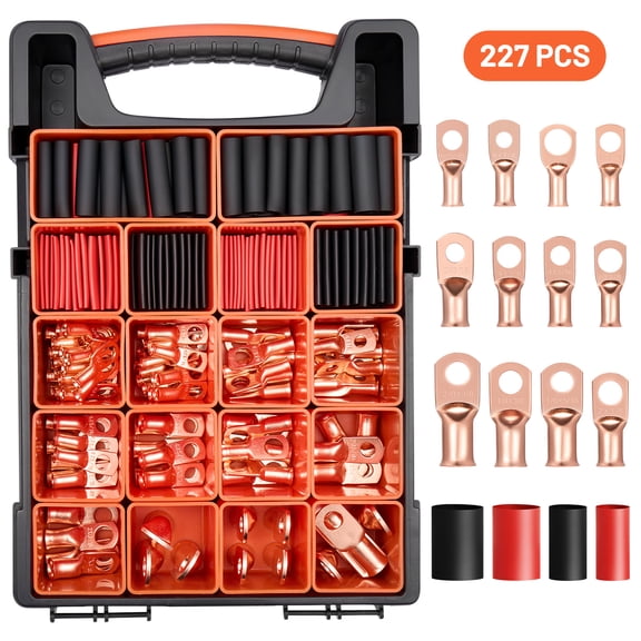 Filluck 227PCS Battery Cable Ends Kit, 1/0 2/0 2 4 6 8 AWG Copper Wire Lugs with 3:1 Heat Shrink Tubing, Ring Battery Terminal Connectors for Automotive, RV, Marine, Solar Systems