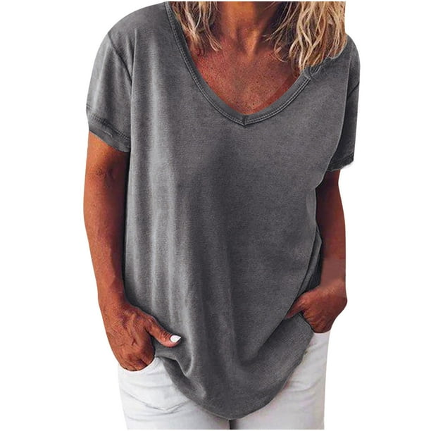 Moda mujer verano Casual suelta manga corta Pullove blusa sólida camiseta Fridja hjk3324