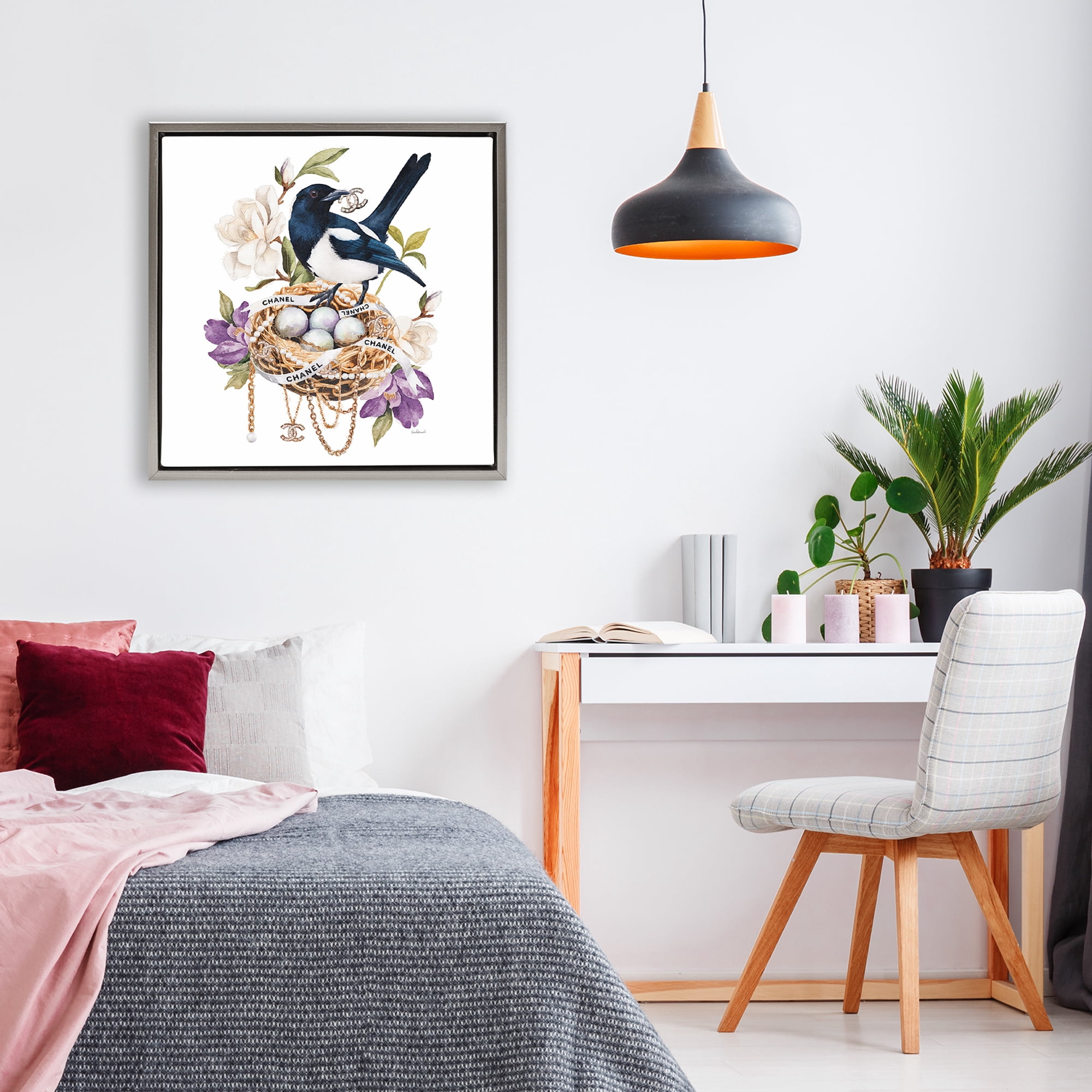 Stupell Industries Glam Birds Nest Magnolia Gray Framed Floater Canvas Wall Art, design by Amanda Greenwood