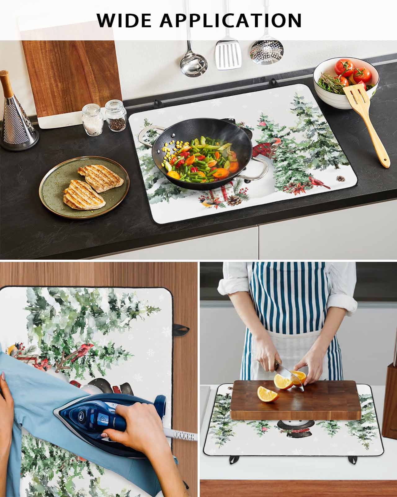 Large Induction Cooktop Protector Mat Grey Christmas Stove Top Covers for Electric Stove, Snowman Xmas Trees Snowflake Birds Watercolor Decorative Stove Burner Cover Mats, Glass Top Stove Cover