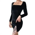 thumbnail image 3 of Women Velvet Bodycon Dress Long Sleeve Square Neckline Split Design Flannel Feece Cheongsam Retro Dresses, 3 of 9