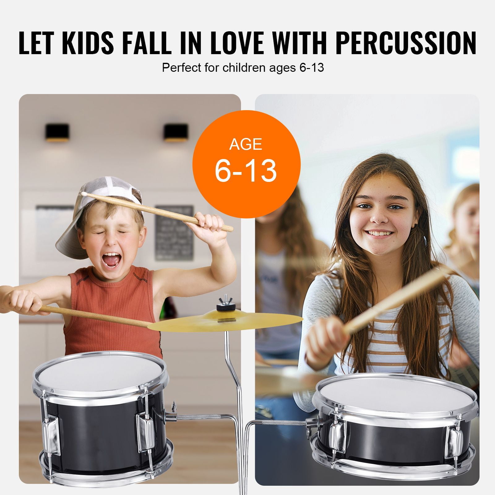 14" Drum Set, 3-Piece Beginner Kit with Adjustable Throne, Cymbal, Pedal&Drumsticks, Perfect Starter Drum Set for Children, Black
