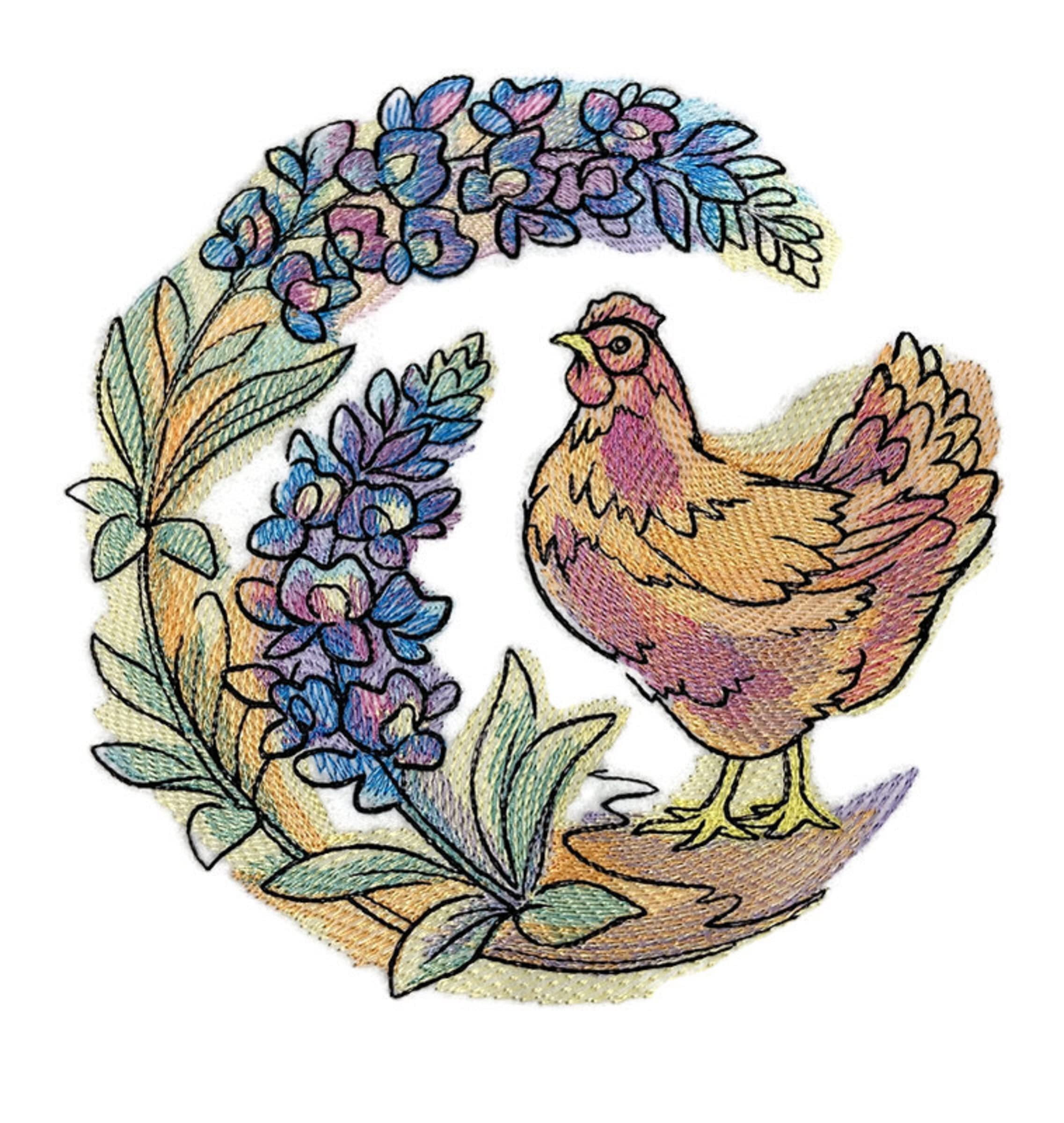 Nature Weaved in Threads, Amazing Rooster [Bluebonnet Blooms Chicken ] [Custom and Unique] Embroidered Iron on/Sew Patch (6.89" x 6.9") [Made in USA]