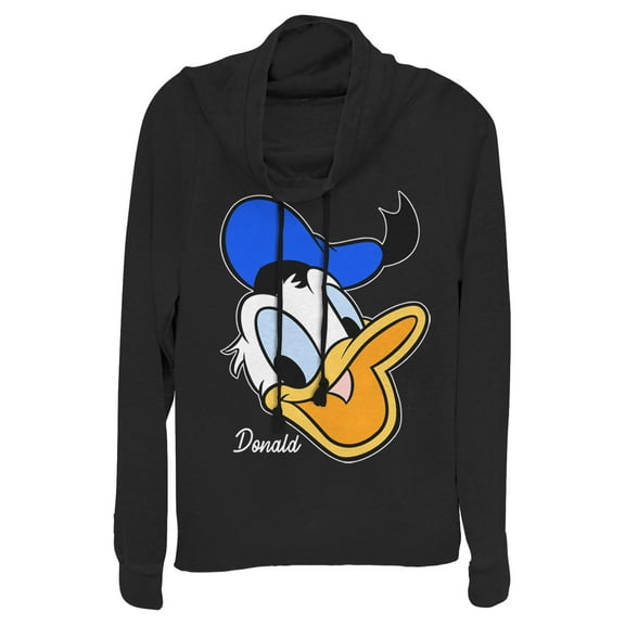 Junior's Mickey & Friends Donald Duck Big Face Cowl Neck Sweatshirt Black Medium