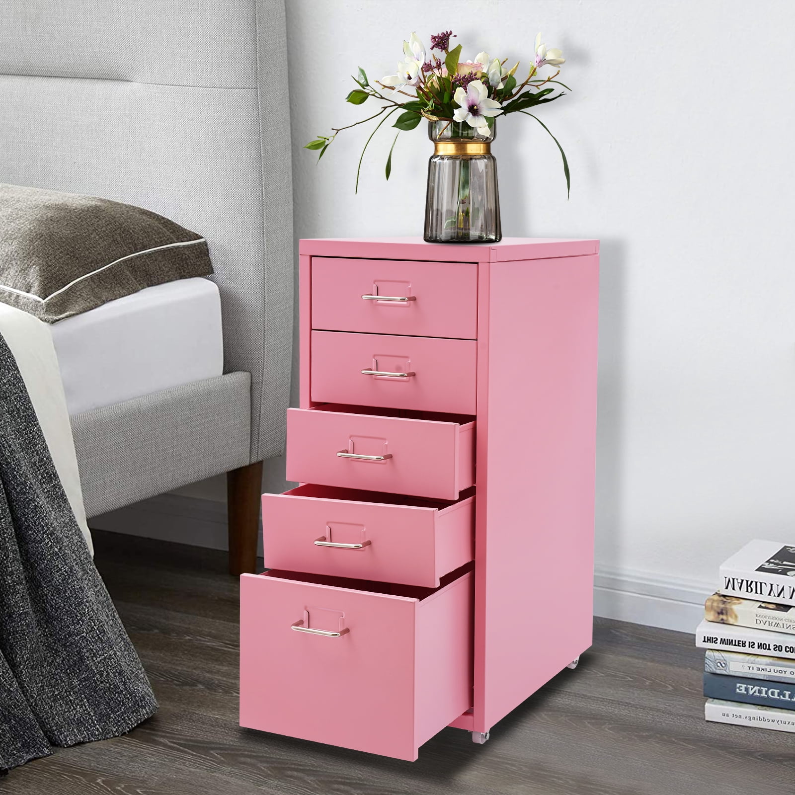 Fichiouy Metal File Storage Cabinet with Rubber Wheels 5-Drawer Storage Cabinet for Home Office 16" D x 11" W x 27" H