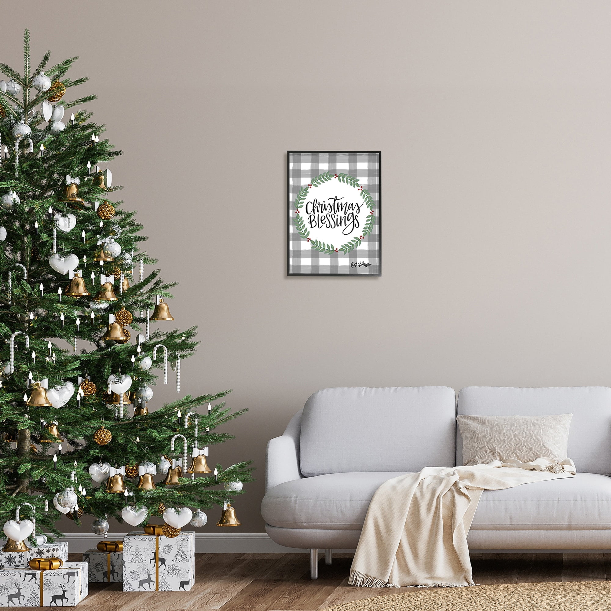 Christmas Blessings Calligraphy Tartan Holly Sprigs Border Inspirational Graphic Art Framed Art Print Wall Art