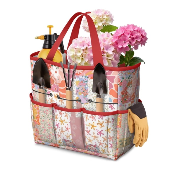 Garden Tool Bag,Pioneer Flower Floral Print Pattern Garden Tool Organizer,Garden Gifts,Waterproof Multi-Pocket Garden Tool Storage 11.8x5.5x11.4 Inch(Tools NOT Included)