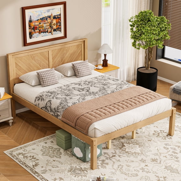 Queen Bed Frame with Herringbone Wood Headboard, Solid Wood Platform Bed and Mattress Foundation with Under-Bed Storage for Bedroom, Natural Oak