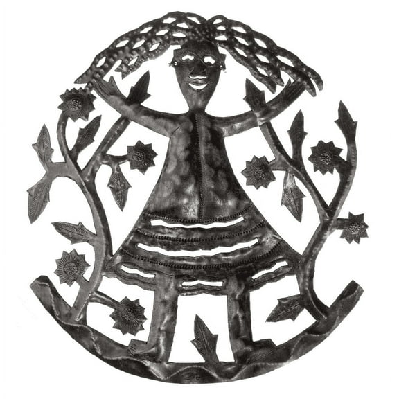 Haitian Recycled Steel Oil Drum, Metal Hanging Wall Art, 15" Welcome Girl