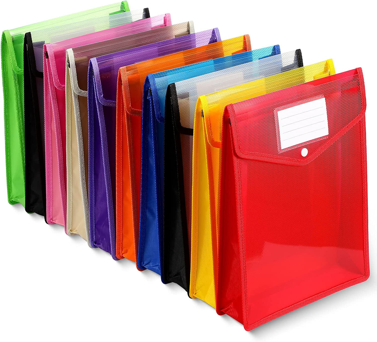 10 Pack Plastic Expanding File Folder, Transparent Envelopes File Folders with Pockets, No Dividers, Large Capacity, A4 Size, School Office Supplies, Colorful