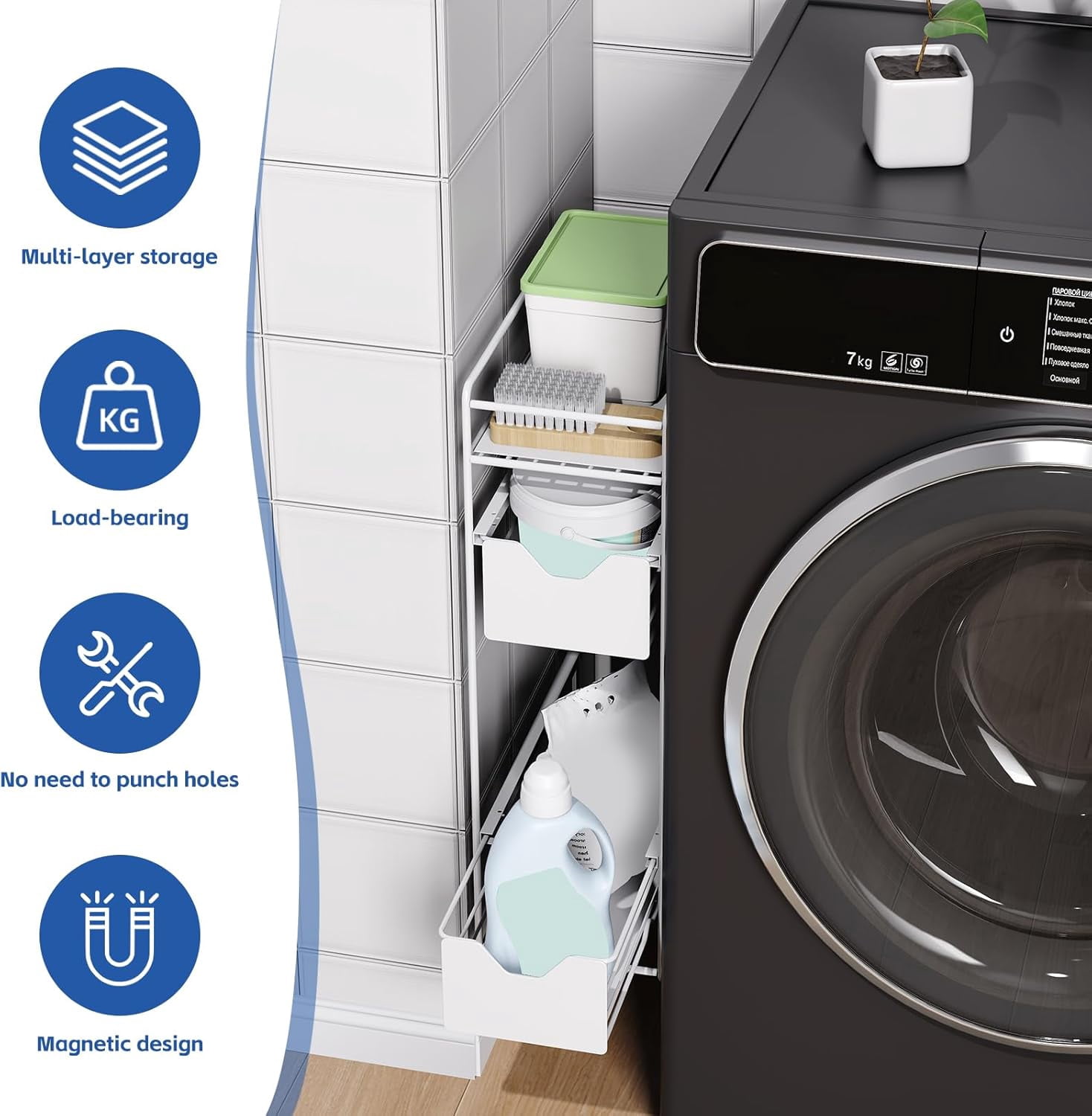 3 Tier Magnetic Shelves for Washing Machine with Pull Out Metal Drawer,Magnetic Spice Rack for Fridge,Magnetic Rack with no Installation, Versatile Storage Organizers for Home (White, 3 Tier)