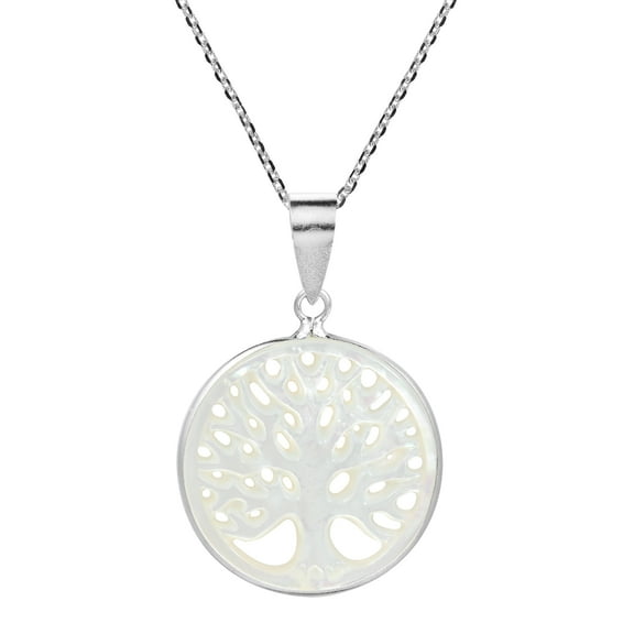 24 mm Round Tree of Life Carved Mother of Pearl .925 Shell Sterling Silver Pendant Necklace