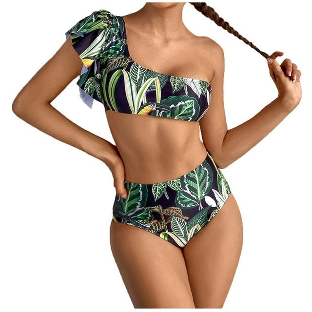 Bikini HUOGUO con estampado de hojas y volantes de cintura alta para mujer