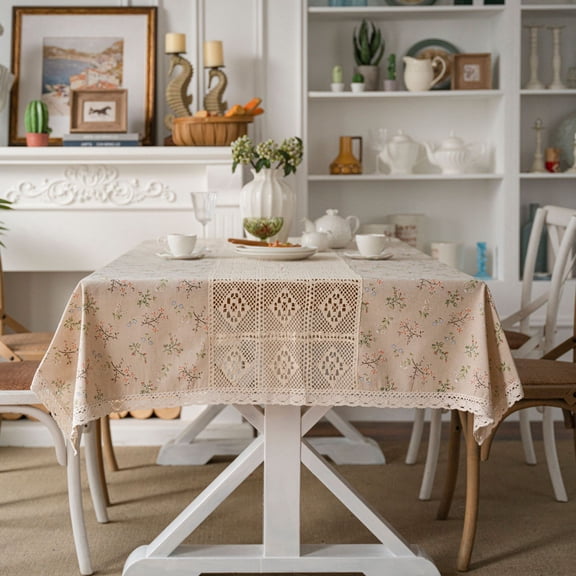 XmhyTop-A tablecloth with pine branch print, hollow splicing, small fresh dining table cloth, restaurant fabric tablecloth decoration (white, 140 * 100cm)