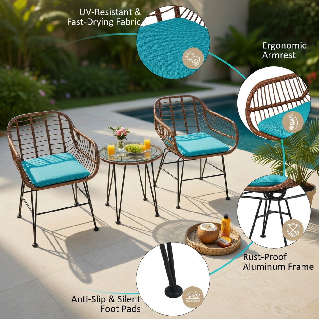 Hommoo 3-Piece Outdoor Rattan Bistro Set with Cushions, Brown Wicker, Tempered Glass Table & Removable Cushions for Patio, Balcony, Poolside, Turquoise