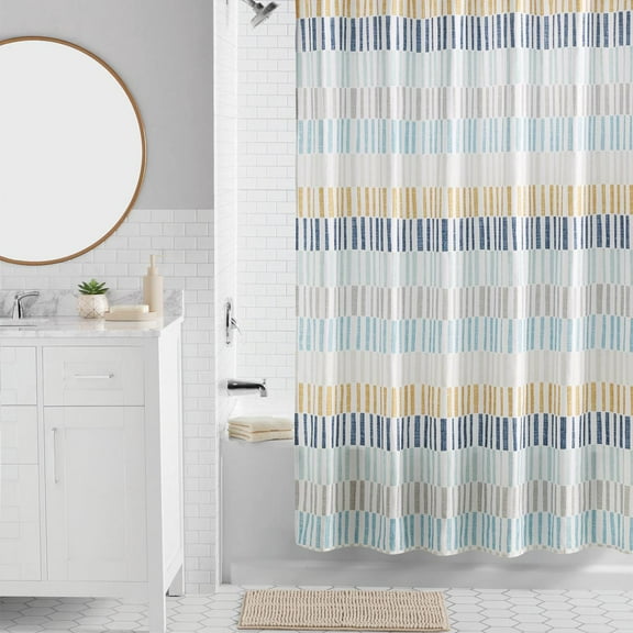 Mainstays 16-Piece Broken Stripe Botanical Shower Curtain Bathroom Set – Yellow and Blue Fabric Curtain with Rug, Hooks, Soap Dispenser & Accessories