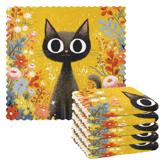 6 Pieces of Kitchen Towels 11x11Inch Kitchen Dish Cloths Kitchen Dish Towels Reuseable Cleaning Cloths Black Cat Wildflowers