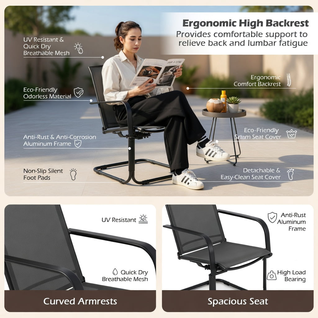 Hommoo 2-Piece Outdoor Swivel Chairs Set, High-Back, Breathable Mesh Seat, 360° Rotating & Gentle Rocking, Powder-Coated Metal Frame, Black