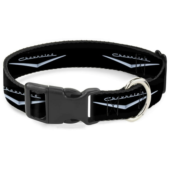 GM General Motors Pet Collar, Dog Collar Plastic Buckle, 1955 57 Chevrolet V Emblem Black Silver, 7 to 8.5 Inches 0.5 Inch Wide