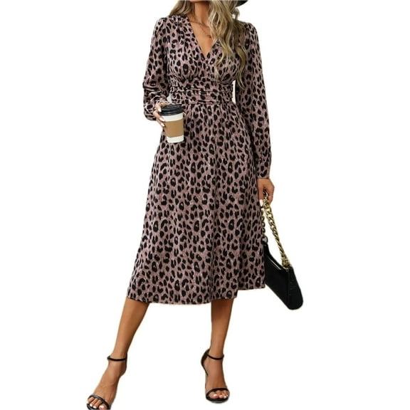 Women's Leopard Surplice Long Sleeve Midi Dress with Waist Tie featuring wrap style 96% polyester 4% elastane
