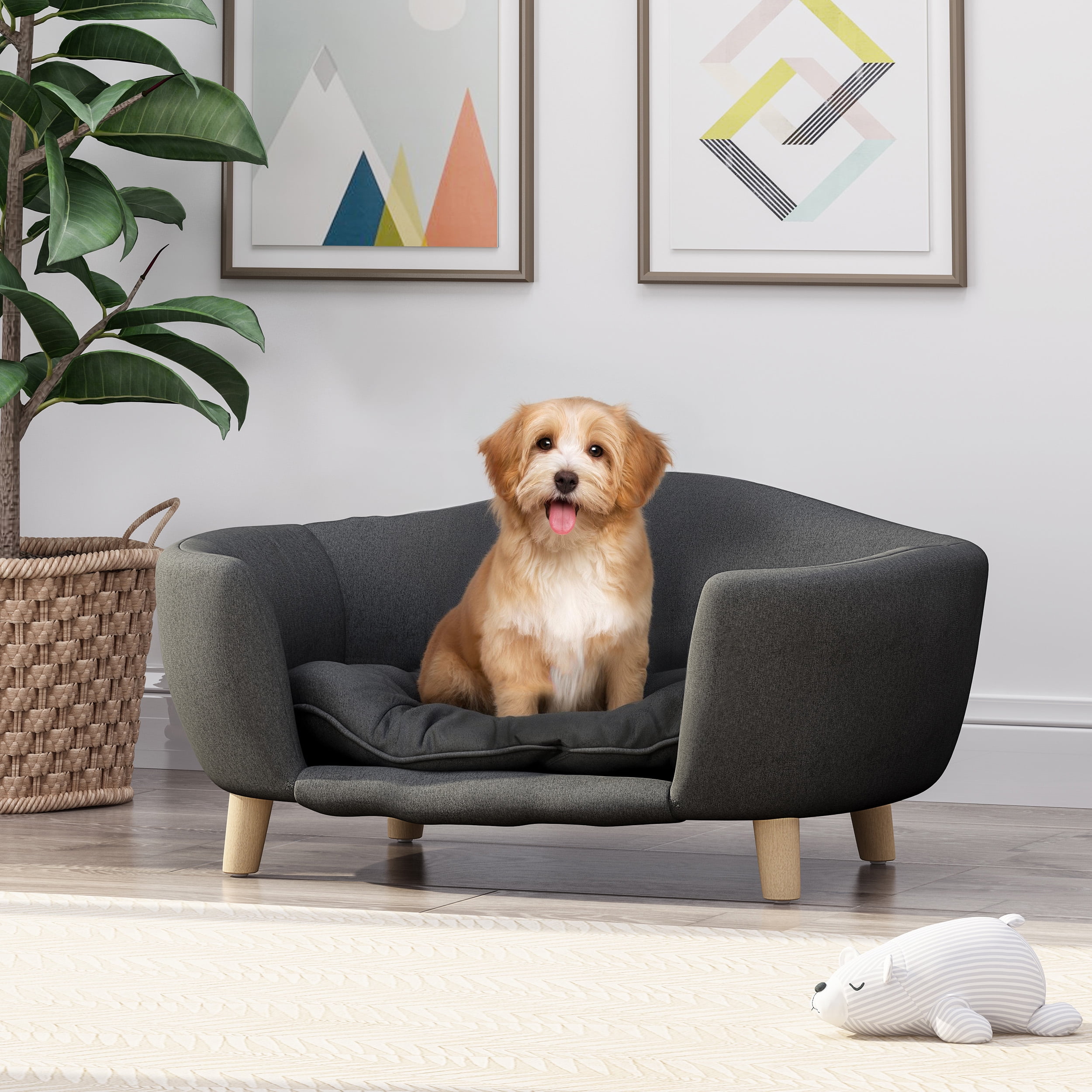 Noaman Small Dog Bed with Birch Wood Legs, 30.25 x 21.75 x 14 Inches Plush Tufted Cushion Pet Bed for Small Dogs 11-25 lbs, Mid-Century Modern Design, Dark Gray
