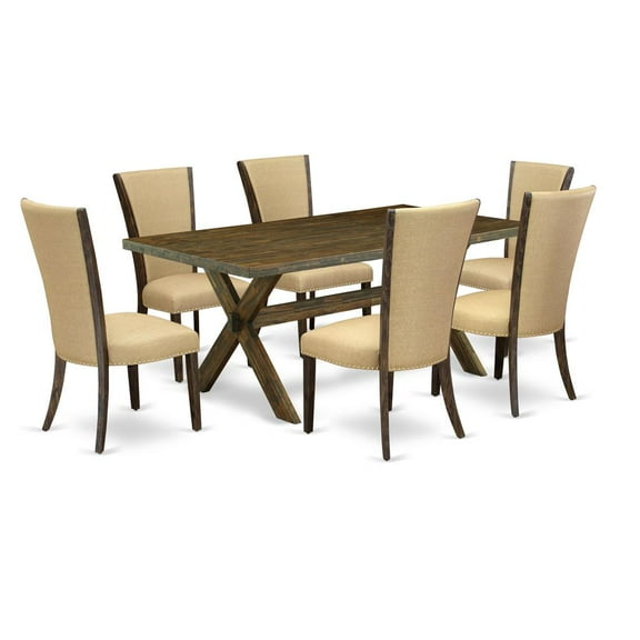 East West Furniture X777VE703-7 7Pc Kitchen Table Set Consists of a Rectangular Table and 6 Parson Dining Chairs with Brown Color Linen Fabric, Medium Size Table with Full Back Chairs, Distressed...