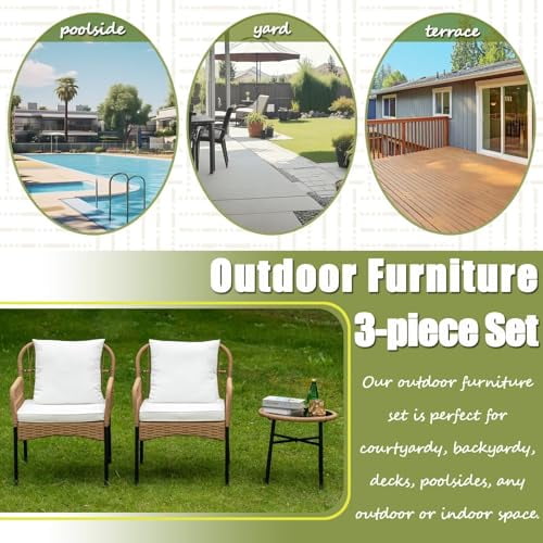 Homsido Patio Furniture Set 3 Pieces Small Boho Outdoor Rattan Woven Chairs Wicker Sofa Garden Conversation Balcony Bistro Sets for Yard,Pool or Backyard,Front Porch(Beige Wicker W