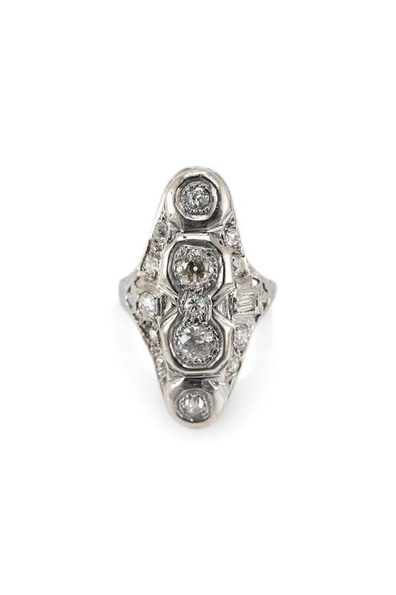 Elongated Antique Navette Diamond Ring, Vintage Art Deco Dinner Ring, Edwardian Retro Diamond Ring, Women's Cocktail Diamond Engagement Ring, 925 Sterling Silver, 2.2 Ct Simulated Diamond