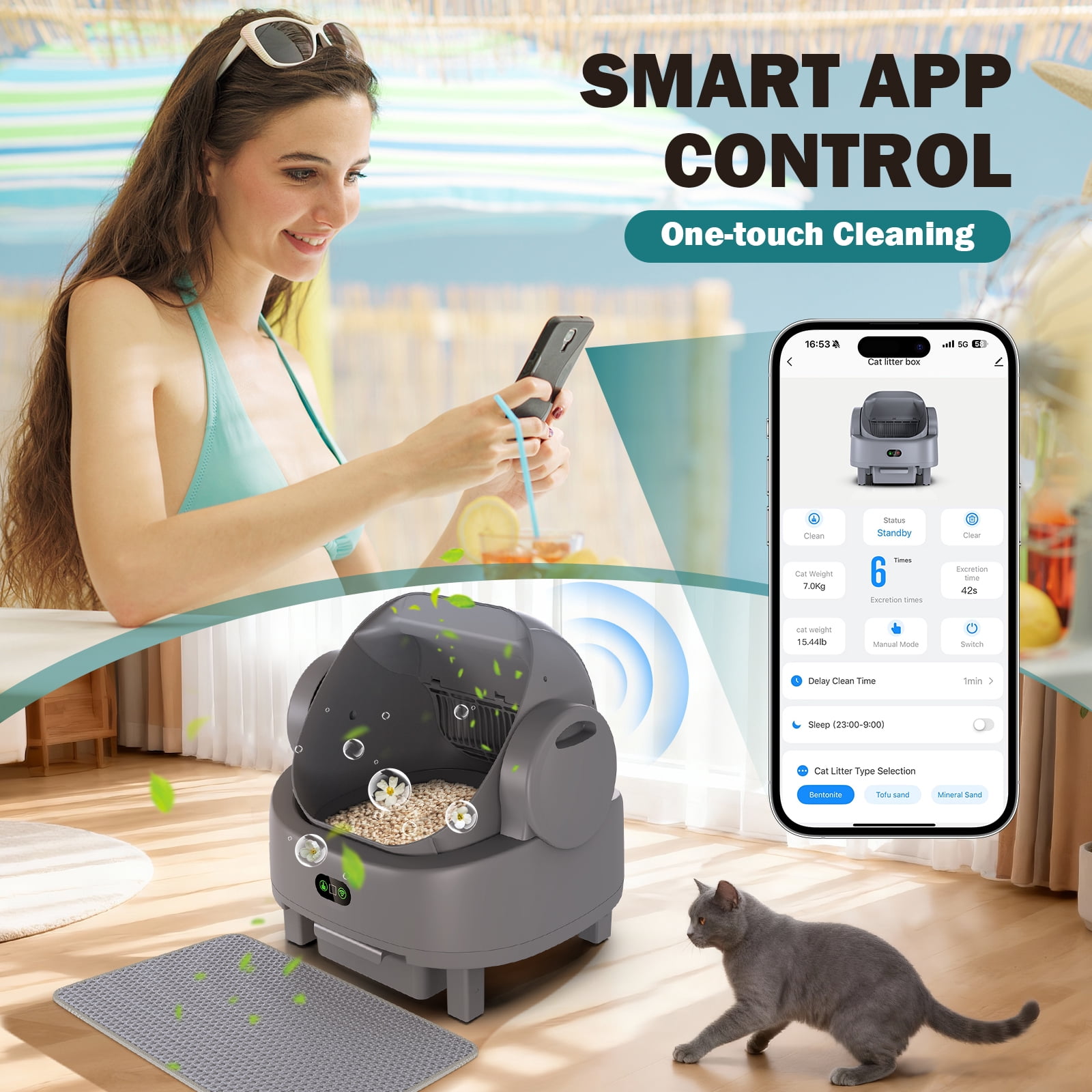 Self-Cleaning Litter Box Automatic Open-Top Cat Litter Box with App & Safety Features – Includes Litter Liners & Mat – Light Grey