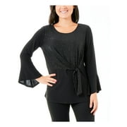 NY COLLECTION Womens Black Embellished Bell Sleeve Scoop Neck Top Petites PS