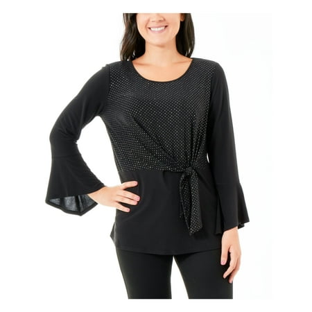 NY COLLECTION Womens Black Embellished Bell Sleeve Scoop Neck Top Petites PS