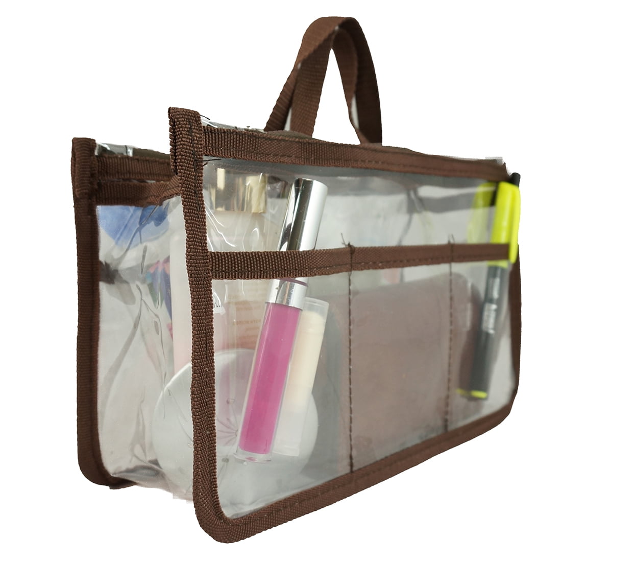 Small Clear Handbag Organizer Purse  Insert ,  Brown Trim, Unisex