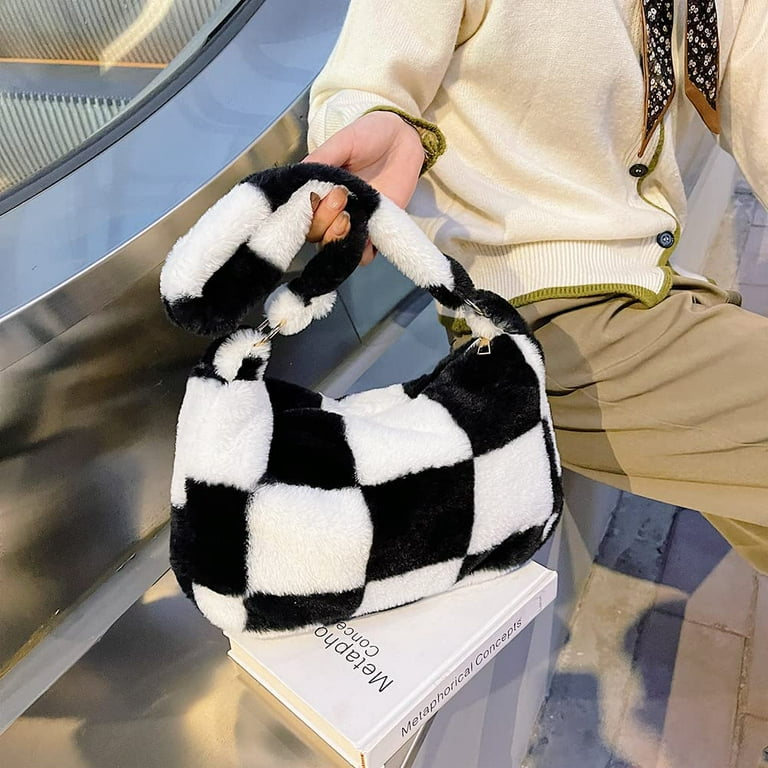 Casual Style New Arrival Plush Checkered Fluffy Tote Bag Y2K Plush