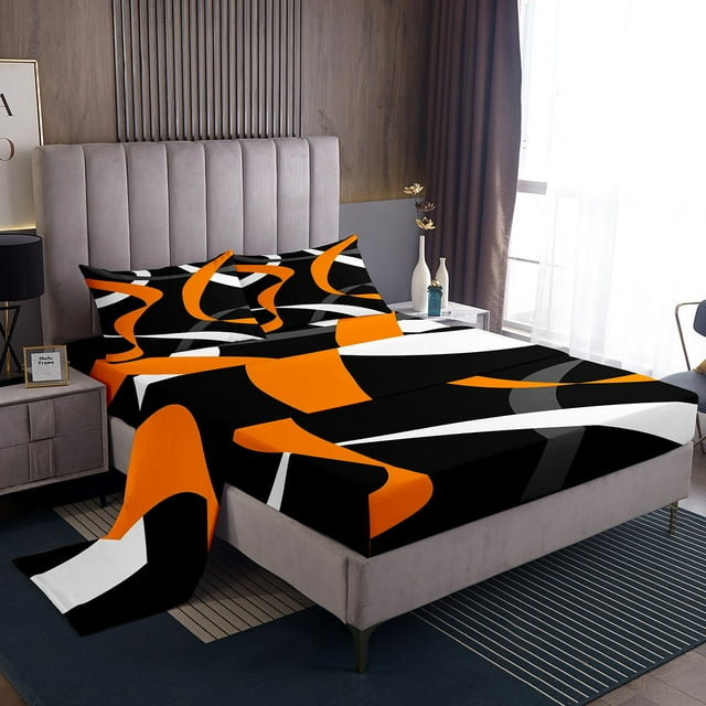 Erosebridal Geometric Stripe Bed Sheets Set Queen Size,Abstract Artwork Bedding Sets Queen Size,Geometry Lines Decor,Breathable,4 Pieces