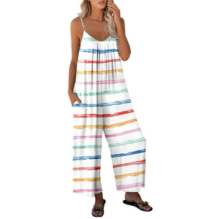 

Women s Jumpsuits Casual Summer Sleeveless Stripe Printed Loose Jumpsuit Wide Leg Pants With Pocket